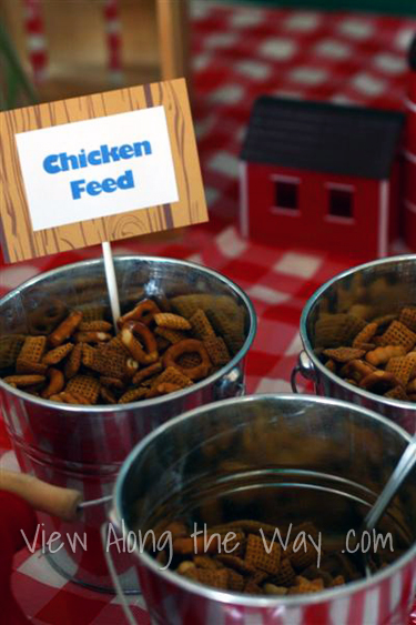 Farm/Barnyard First Birthday Party Food Table Ideas: Chex Mix Chicken Feed