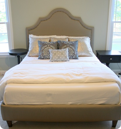 DIY upholstered platform bed and headboard with nailhead trim
