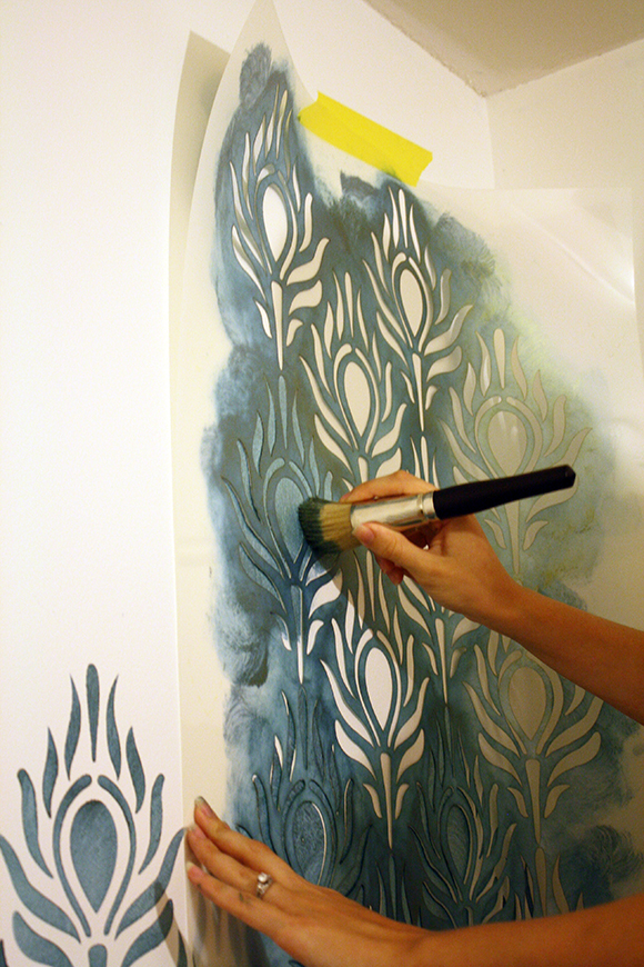 How to stencil: large peacock stencil in teal paint