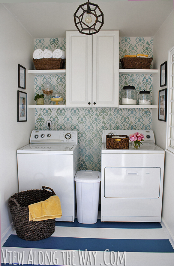 Updated Laundry Room on a budget at View Along the Way, washer and dryer, stenciled wall, turquoise room, painted floor, striped floor, how to paint a striped floor, how to stencil a wall, how to style a laundry room