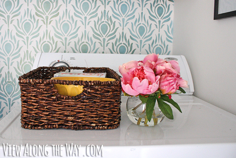pink peonies and wicker tray