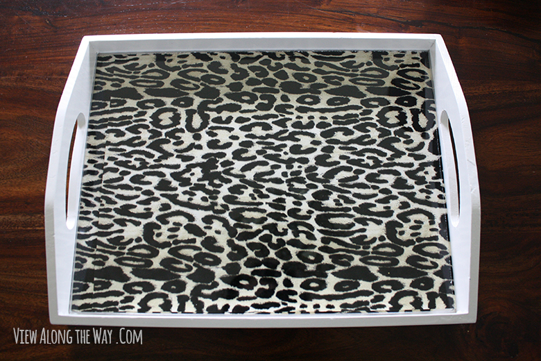 DIY painted tray with leopard print scrapbook paper lining