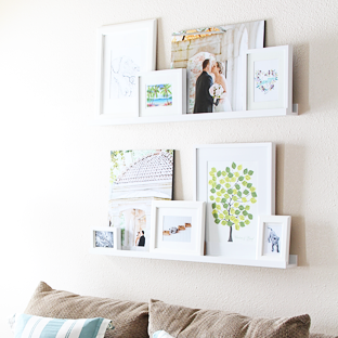 Make your own picture ledges - and TONS of other creative, low-budget feature wall ideas!