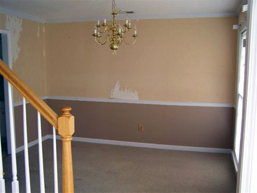 Dining Room Before: Peeling Wallpaper, Brass Chandelier