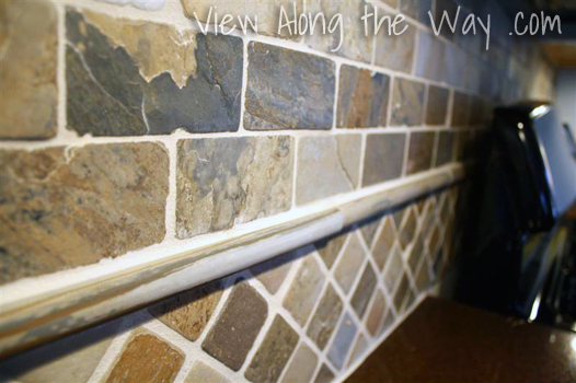 Slate Tile Subway Backsplash with Diagonal Feature