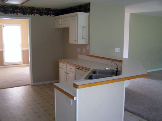 Kitchen Before: Border, White Laminate Cabinets, Vinyl Floors 2