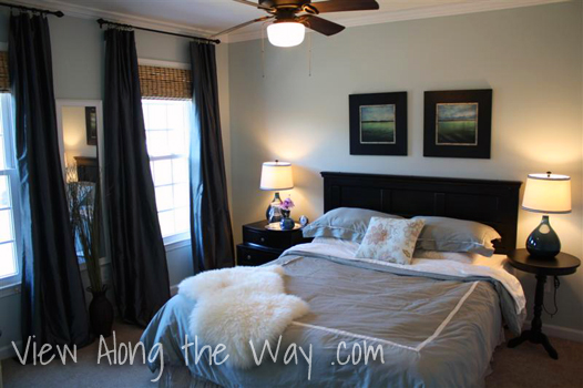 Bedroom: Benjamin Moore Quiet Moments Pain, Black Headboard, Ceiling Fan