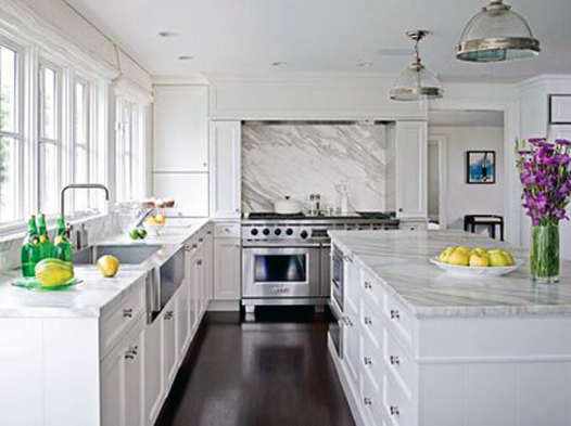 White Kitchen, Carrara Marble Countertops, Dark Wood Floors