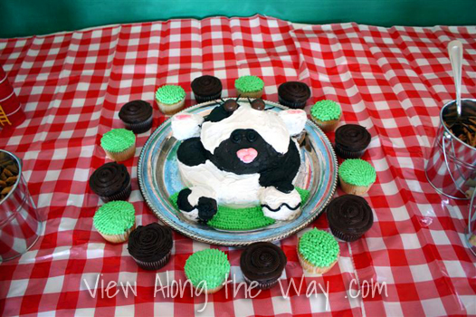 Barnyard/Farm Theme First Birthday Party Food Table Ideas: Cow Cake Inspiration