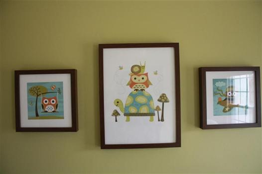 Owl, Turtle, Snail Art in Green Baby Boy Nursery