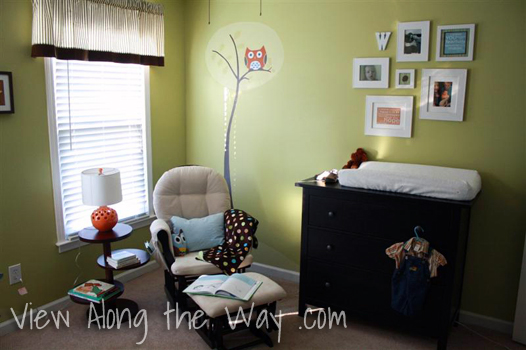 Green Baby boy nursery with mini-gallery wall and hand-painted owl in a tree mural