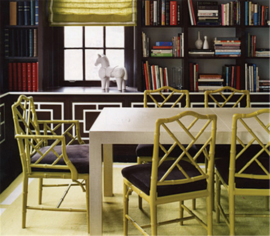 Jonathan Adler designed green chinese chippendale dining room