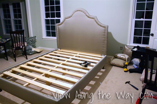 DIY upholstered platform bed: gray with nailhead trim