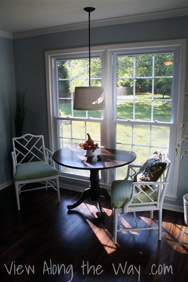 Breakfast nook: chinese chippendale chairs and hanging pendant light with drum shade
