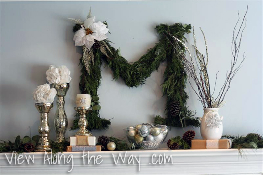 Christmas Mantle: how to decorate a mantel/mantle for Christmas with Monogram Wreath, Silver accessories and natural elements