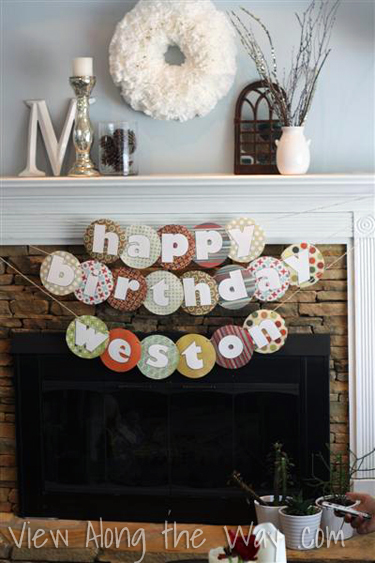 Happy birthday banner over fireplace: DIY project with tutorial, scrapbook paper