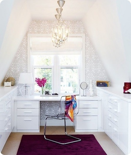 bright white office with wallpaper