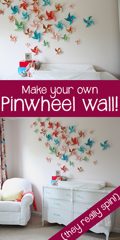 DIY whimsical pinwheel wall that actually spins! Such a fun idea for kids spaces, and it's SO inexpensive to make!