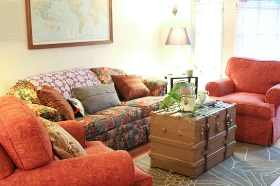 eclectic living room with trunk coffee table