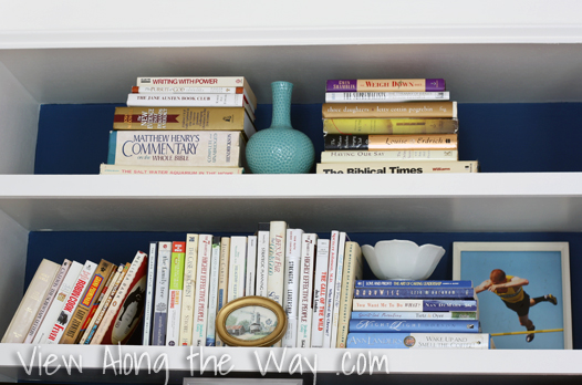 Styled bookshelves at View Along the Way