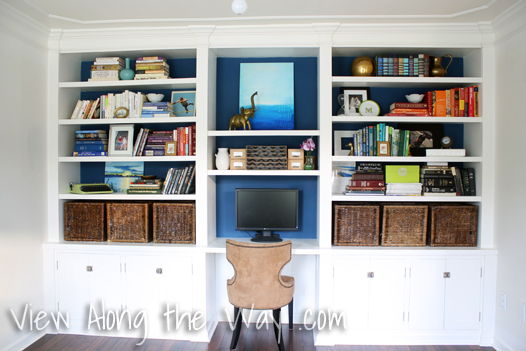 Office built-in bookshelves at View Along the Way, how to style bookshelf, how to decorate shelves
