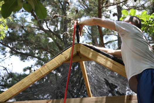 Playset Stapling front of mesh tarp