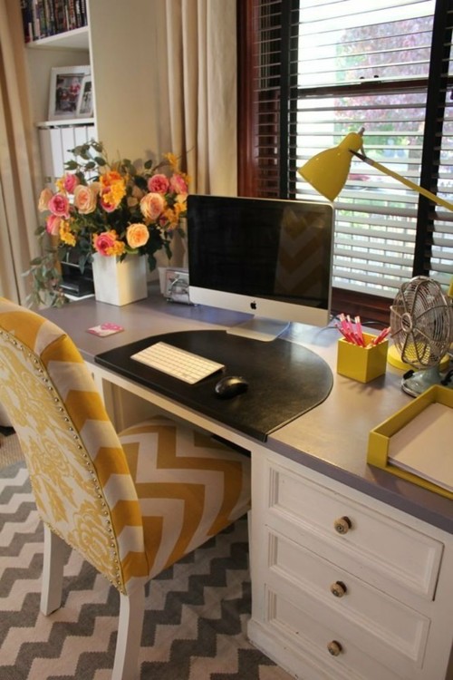 Desk with yellow chevron chair and gray chevron rug