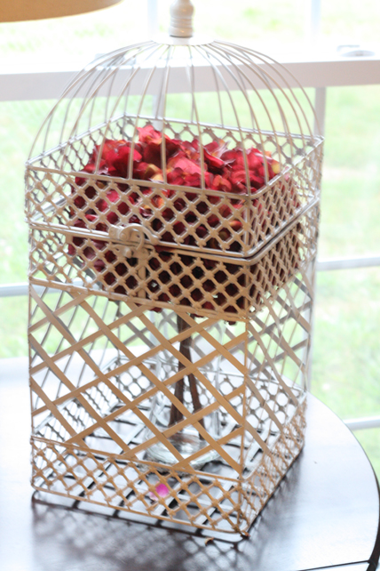 white birdcage with flowers, birdcage decor