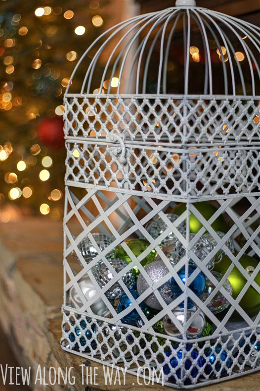 Birdcage filled with Christmas Ornaments, Bird cage full of Christmas ornaments, Birdcage as christmas decor