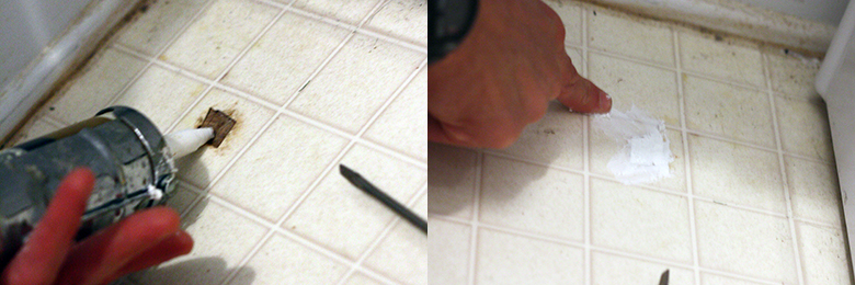 Using caulk to repair holes in vinyl sheet flooring