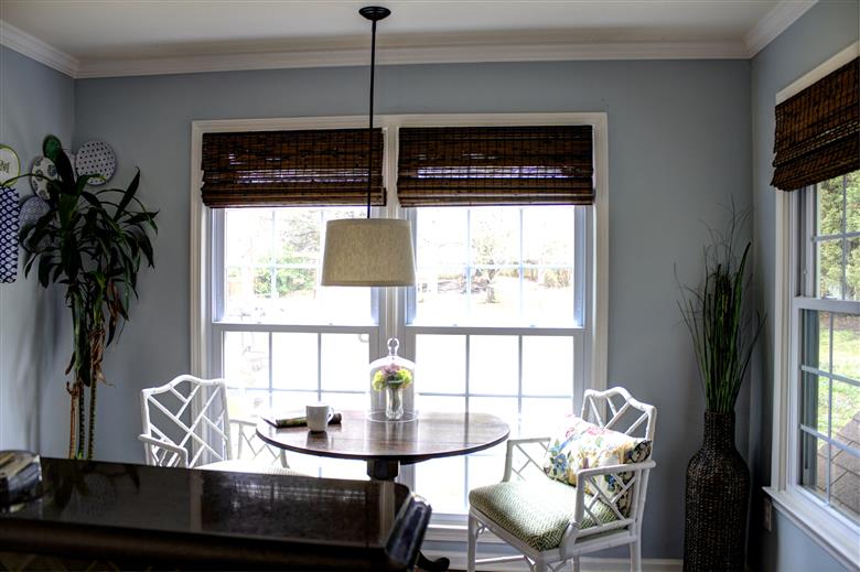 Custom bamboo blinds in breakfast nook