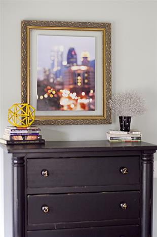 Atlanta skyline photo, dresser with handpainted knobs