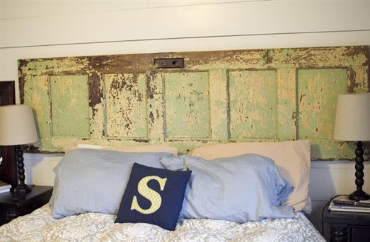 salvaged door headboard