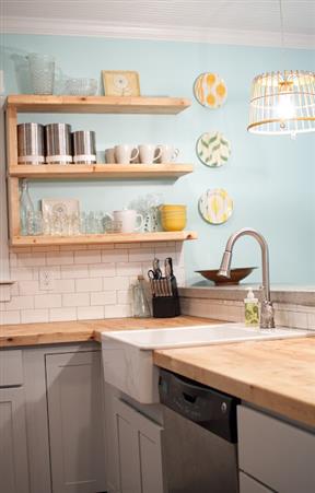 Light, happy kitchen with open shelving