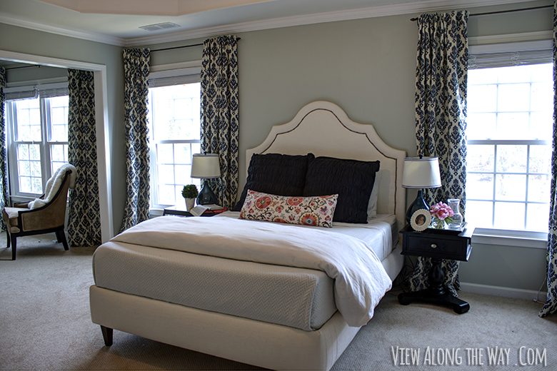 Master Bedroom: DIY upholstered bed and DIY curtains at View Along the Wa