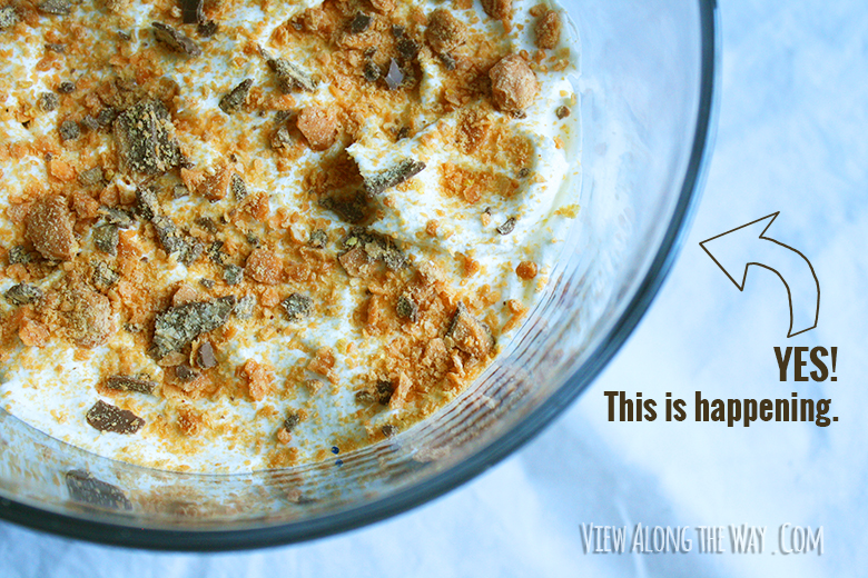 Butterfinger crumbs on trifle