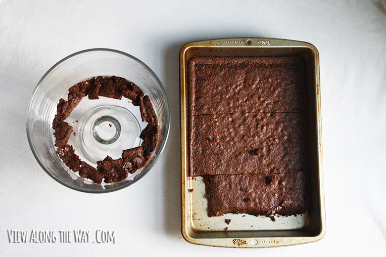 Layering brownies into a trifle dish