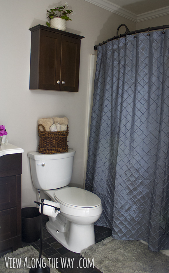 Bathroom with blue-gray shower curtain and dark wood accents