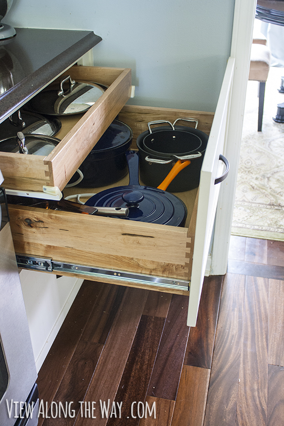 Double-decker drawer for pots and lids, plus lessons learned on how to do a kitchen remodel well!