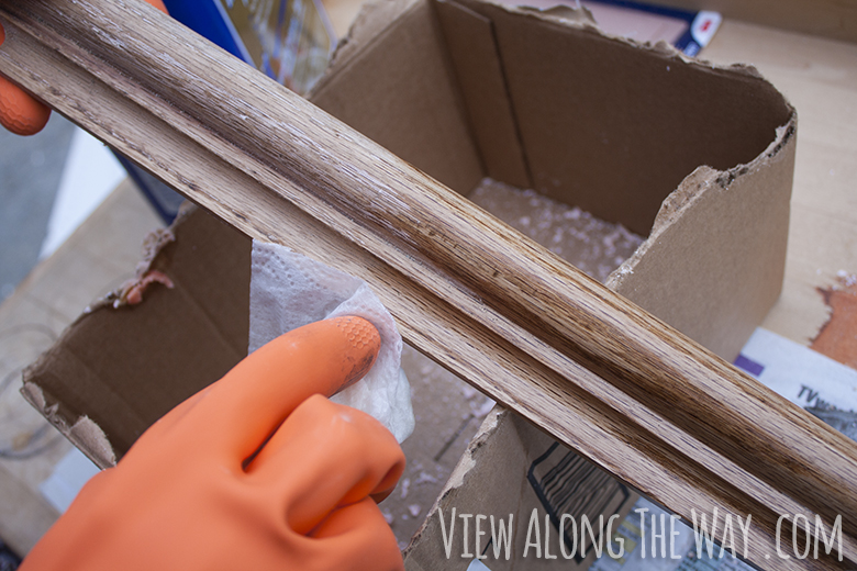 How to stain wooden stair railings: use mineral spirits to wash off the stripper residue