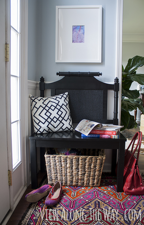 Turn a headboard into a glam, glossy bench for your foyer!