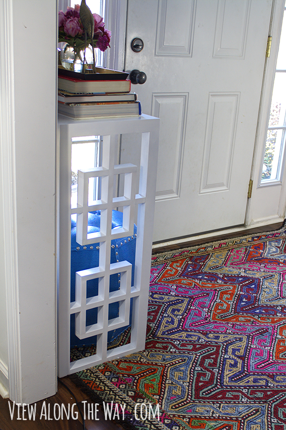 DIY fretwork console table and kilim rug