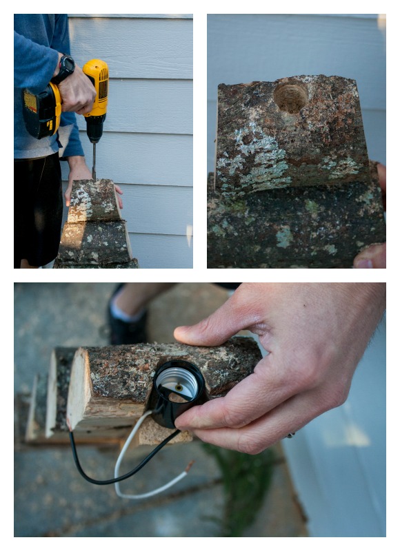 Drilling a hole to put a lightbulb in a log for an advent calendar