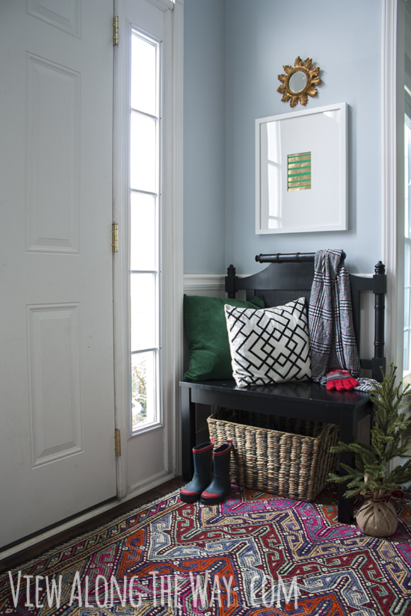 Bench made from a headboard and a tiny tree for Christmas