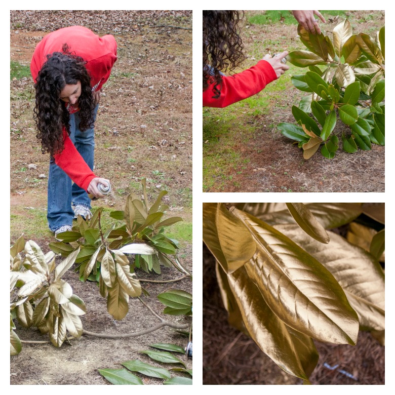 spray painting magnolia leaves