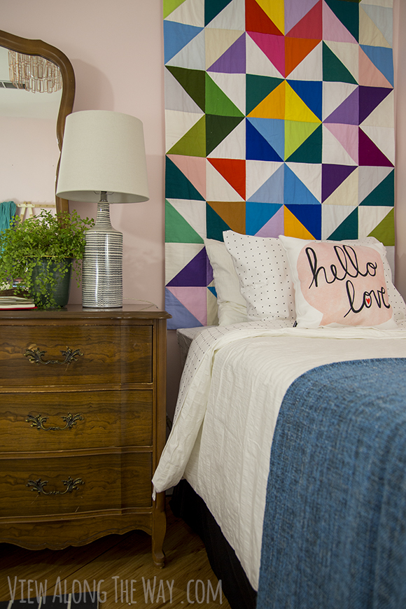 Valspar ballet pink bedroom with modern graphic quilts