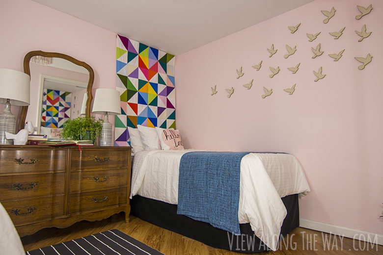 Valspar ballet pink bedroom with modern graphic quilts